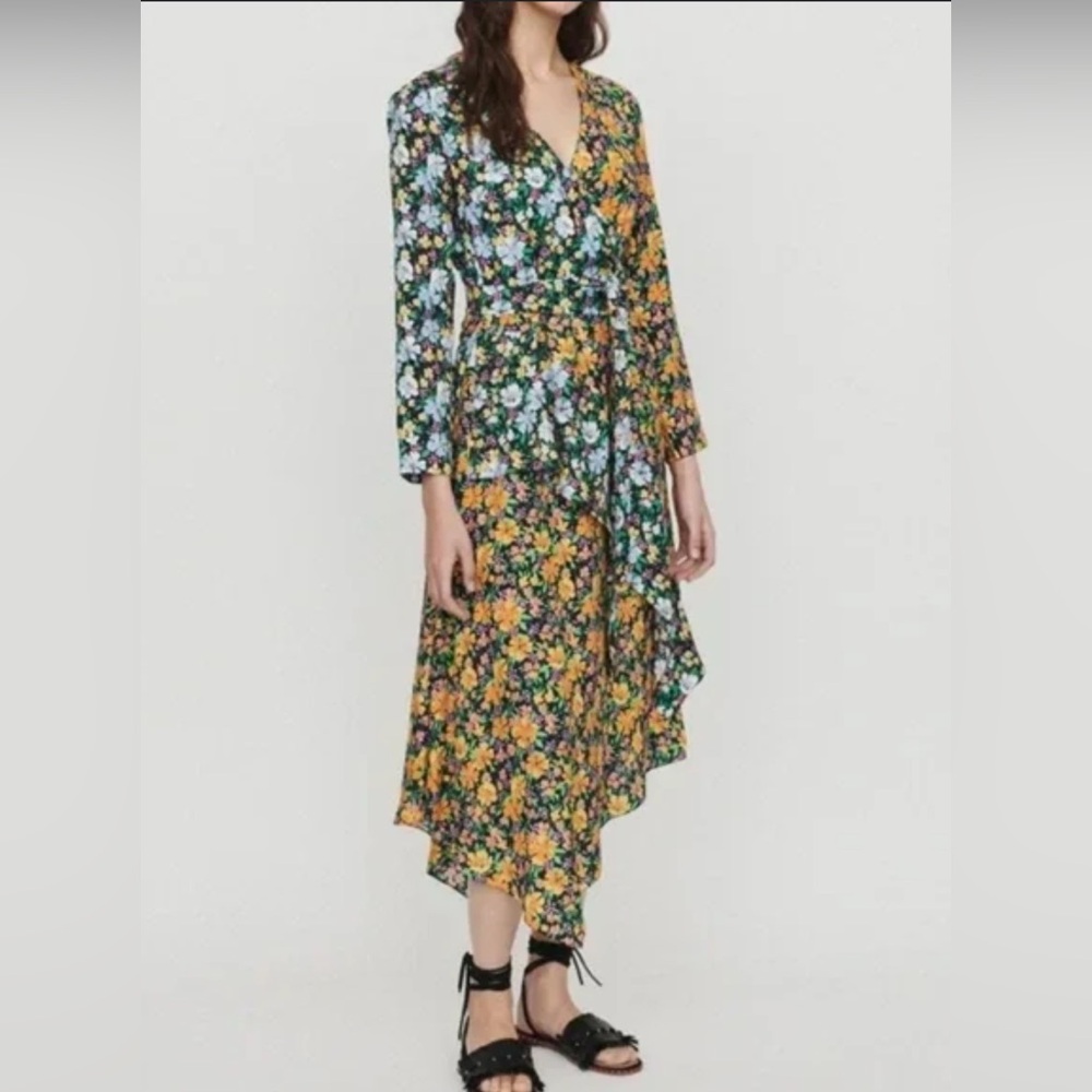 MAJE Roen Floral Print‎ Long Sleeve Asymmetrical Wrap Dress